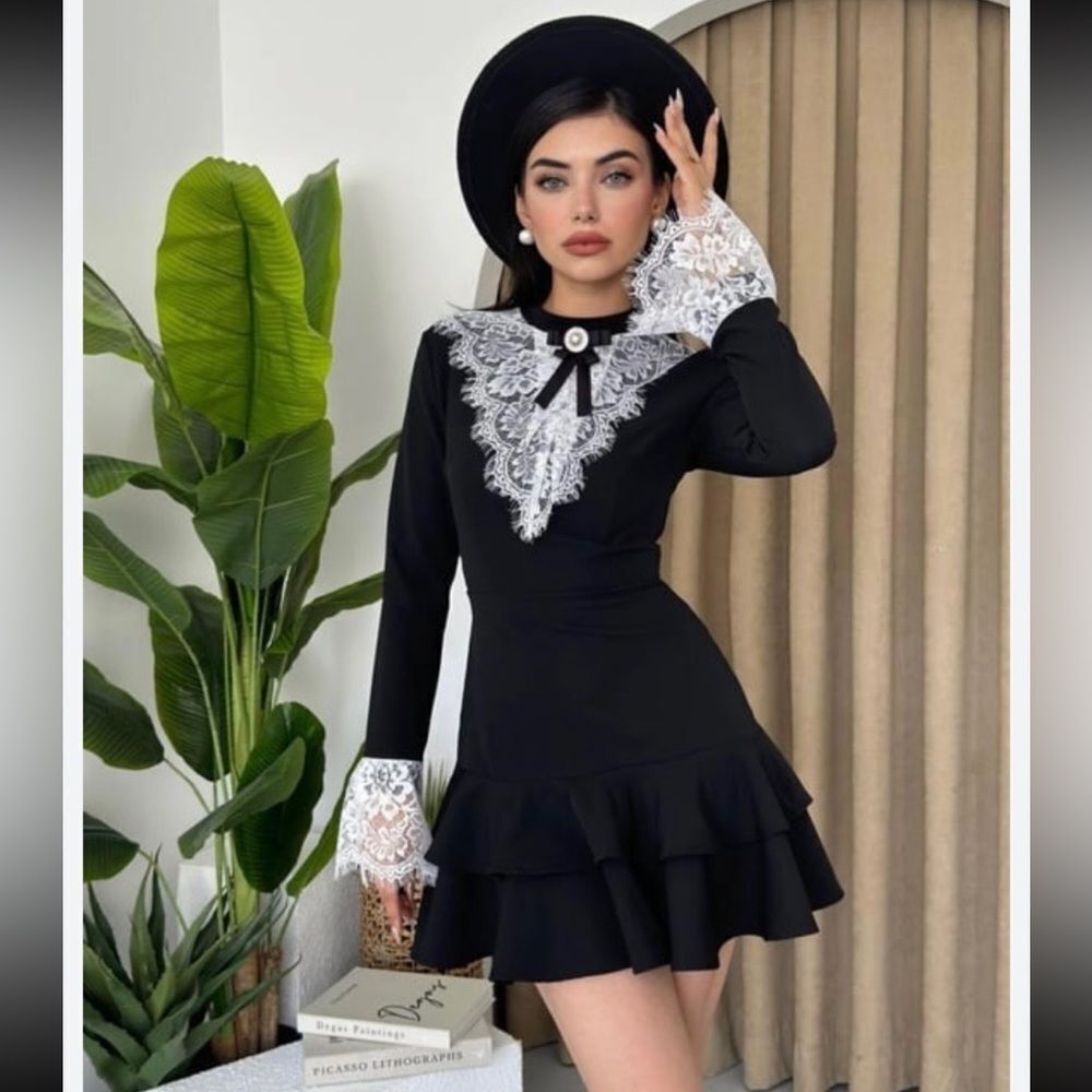 Chicme Elegant Black Lace Trim Dress, S